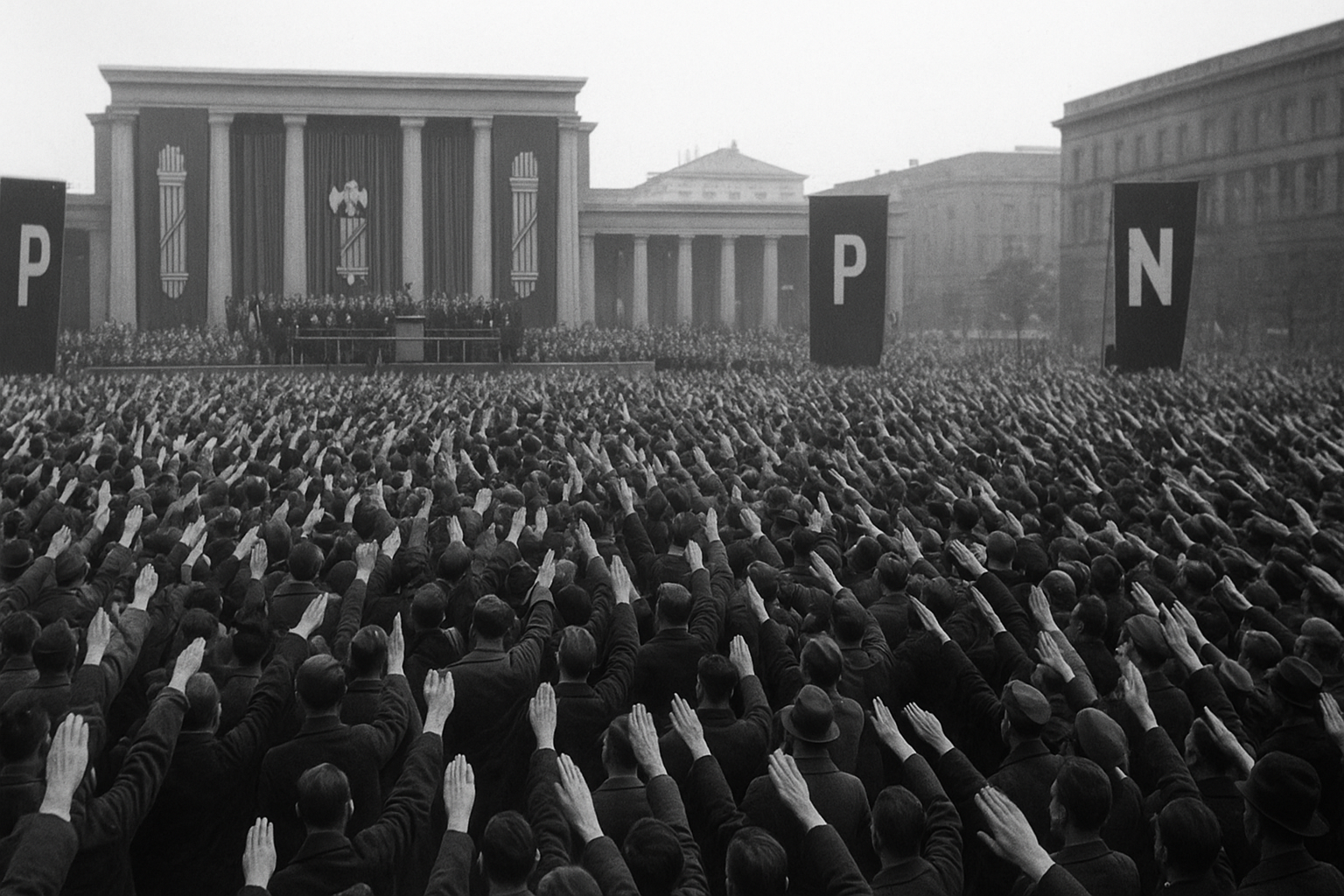 Fascisterne, Black-and-white photograph of a 1930s European fascist mass rally showing thousands of people gathered before a monumental stage, illustrating authoritarian propaganda and mass mobilization.