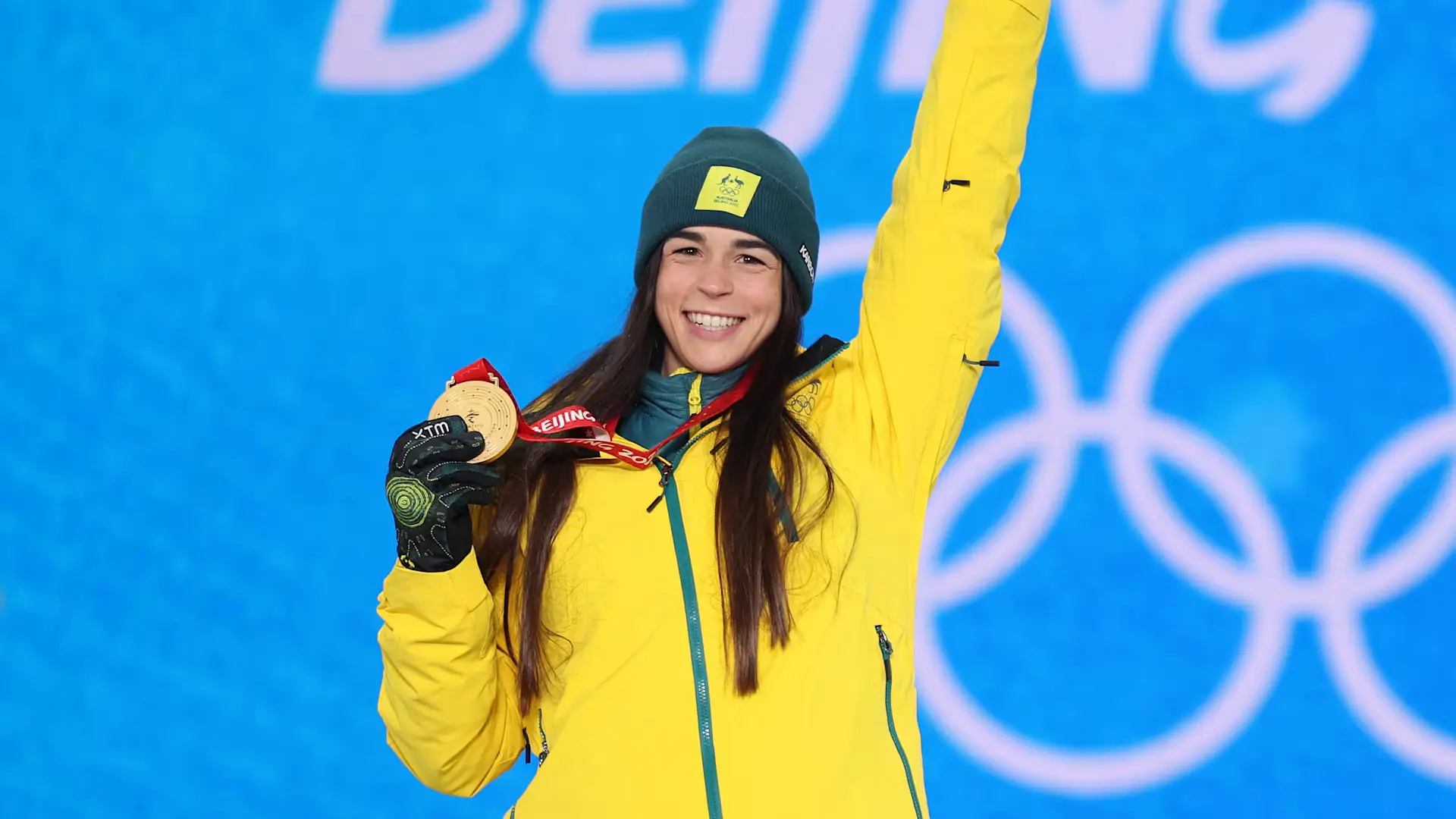 Australian skier Jakara Anthony celebrates winning the dual moguls gold medal at the 2026 Winter Olympics